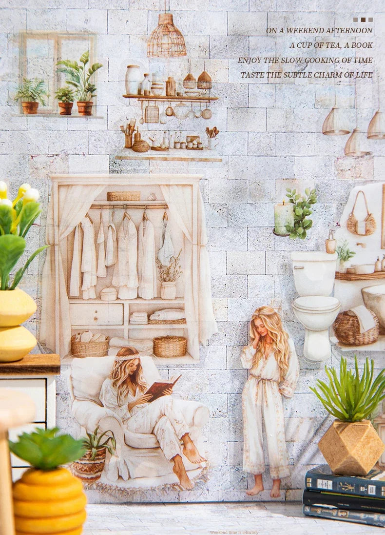 JIANWU 60mm*200cm Weekend Daily Series Vintage Character Life Landscaping Material Collage PET Tape Creative Journal Stationery