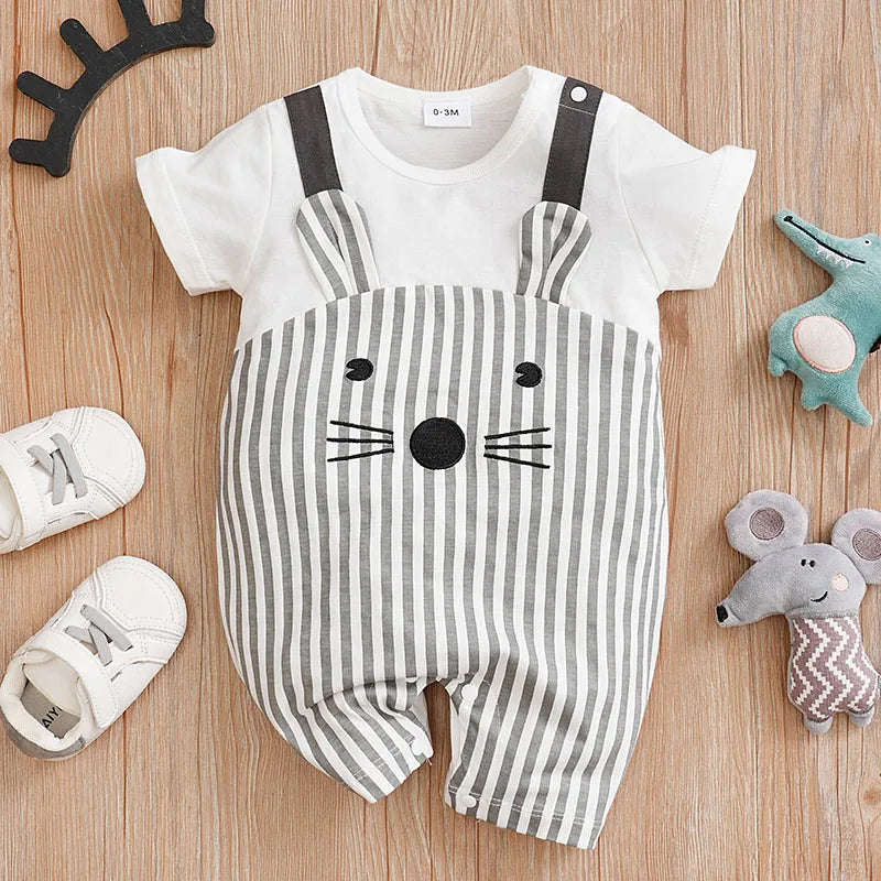 0-18 Baby Jumpsuit Cute Cartoon Shoulder Strap Mouse Cotton Comfortable Boy And Girl Summer Short Sleeved Newborn Clothes