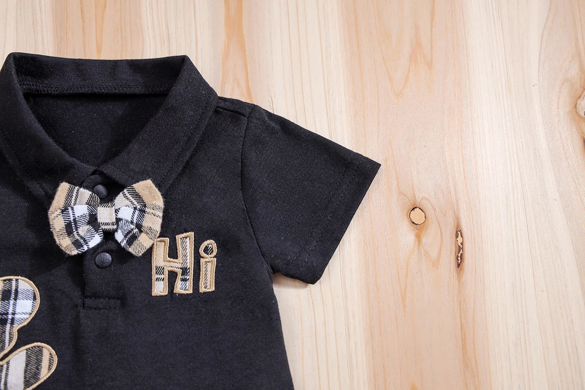2PCS IURNXB Baby Clothes Sets Short Sleeve Boys Infant Plaid Bear Bodysuit+Suspenders Trousers Set Overall Newborn Outfits 1-18M