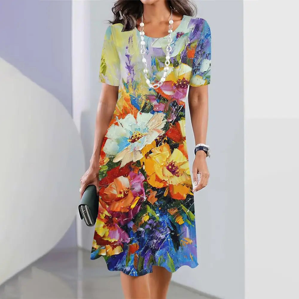 2024 New Spring Women's Dresses Floral Printed Elegant Casual Short Sleeve Dresses Fashion Oversized Women's Dresses