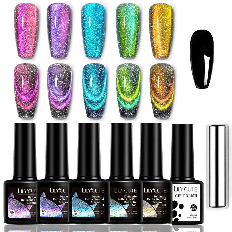 LILYCUTE 7Pcs/Set Cat Magnetic Gel Nail Polish Sparking Semi-Transparent Blue Purple Effect Soak Off UV Gel Varnish Nail Art Kit