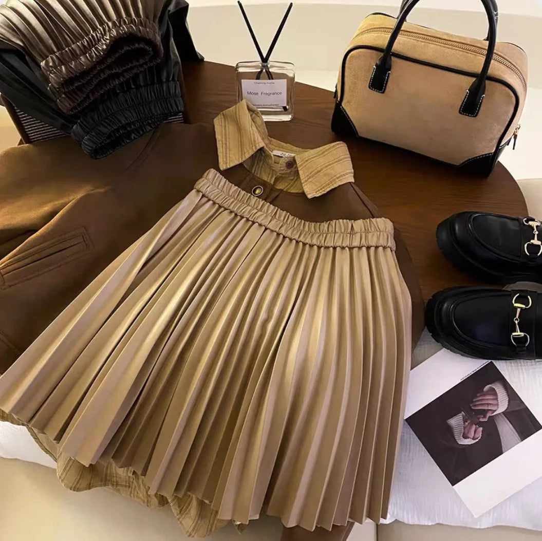 Skirts Girls Spring Autumn New PU Leather Pleats Short Korean Fashion Elastic Waist Children Clothing 2024 loose