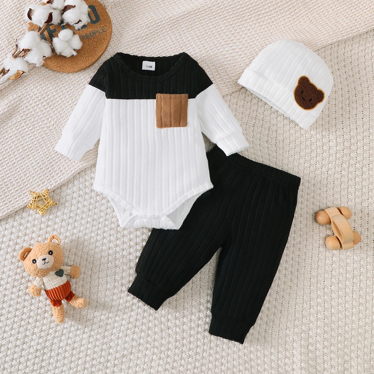0-18 Month Newborn Baby boy Set Round neck Color Blocked Bodysuit+Pants+Hat Comfortable 3Pcs/set for baby boy spring  autumn Set