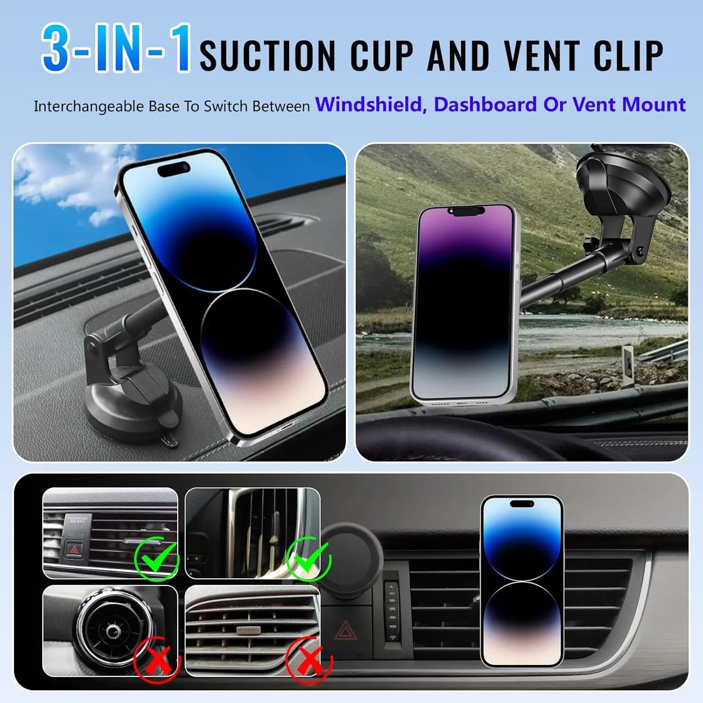 UYUXIO Magnetic Wireless Car Charger Windshield Dash 15W Fast Charging Adapter for iPhone 17 16 15 14 13 Car Mount Phone Holder