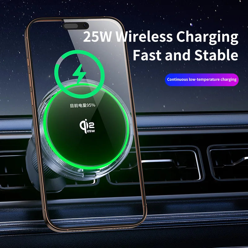 25W Air Cooling qi2.2 Car Magnetic Wireless Charger RGB Light  Phone Holder For Magsafe iPhone 17 16 15 14 13 12 Fast Charging
