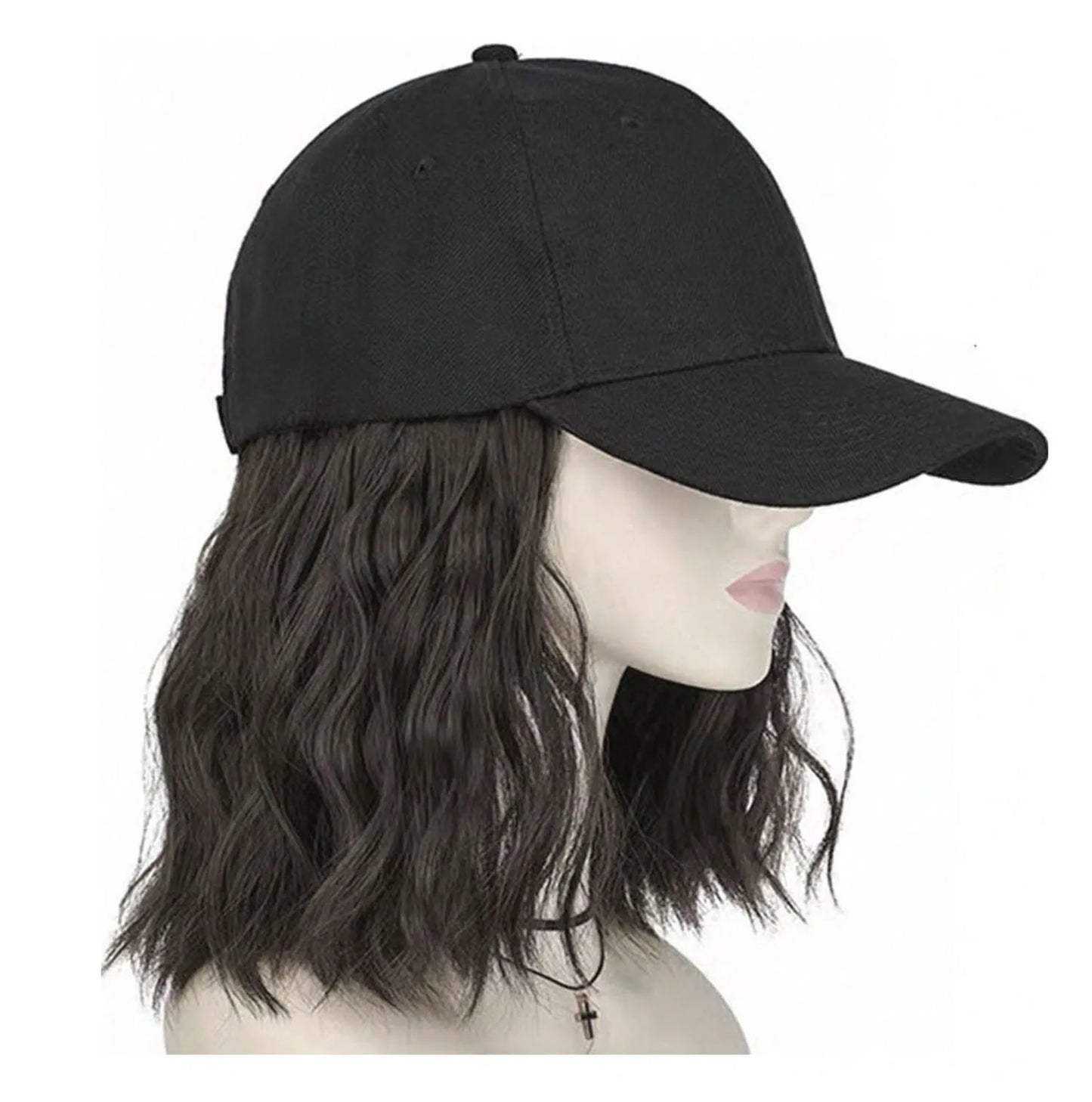 Hat Wig for Women, Short Wave Baseball Cap Wig with Curly Synthetic Hair Extensions, Adjustable Brown Black Baseball Hat Wig