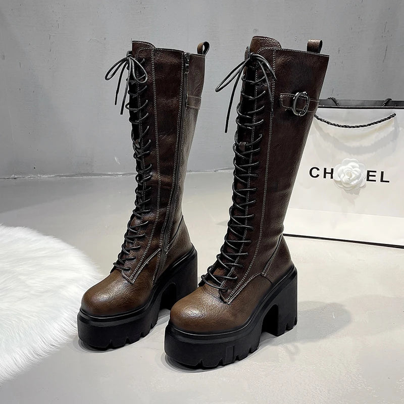 Knee High Women's Boots Lace Up High Heels Shoes Platform Chelsea Boots Winter 2025 Sexy Snow Long Boots Zip Pumps Mujer Botas