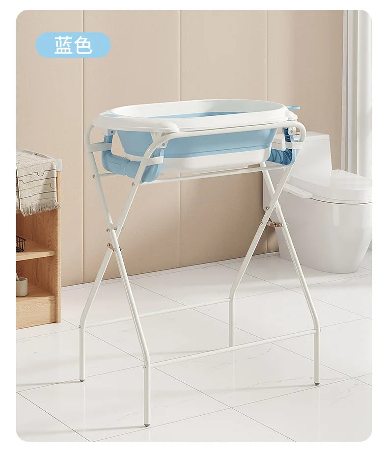 Foldable Baby Bathtub with Stand Set Newborn Bath Station No Bend Heightened Rack Infant Bath Tub with Drying Clothes Stand