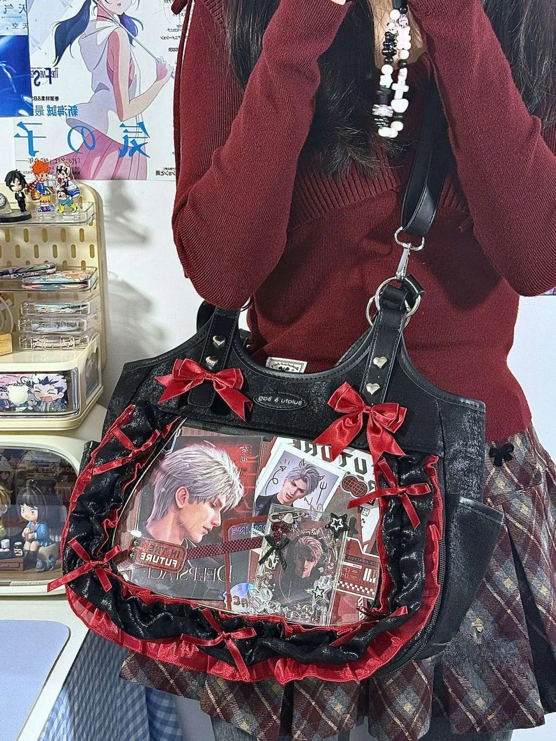 Women Luxury Design Ruffled Lolita Handbag Punk Gothic Bow Crossbody Bags Transparent Sweet Lace Shoulder Ita Bag Y2k Aesthetic