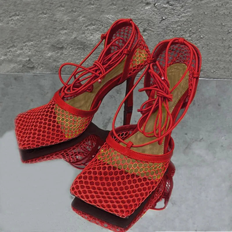 New Women's Shoes Fashion Air Mesh High Heeled Sandals for Woman Exquisite Square Head Casual Shoes Designer Shoes Zapatos Mujer