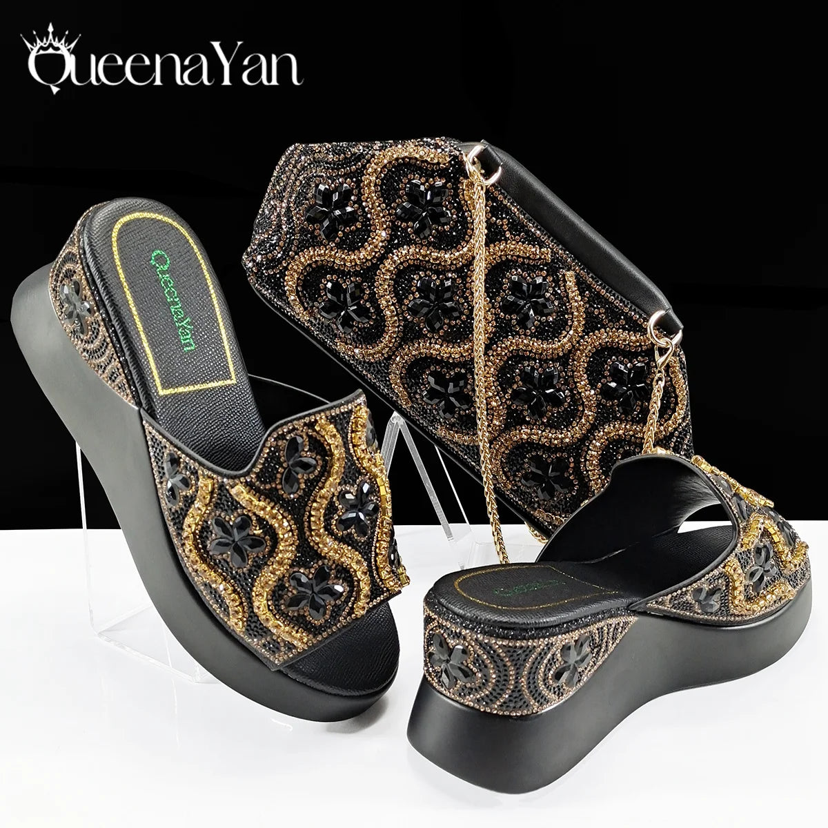Queena Yan Popularity Open Toe Luxury Fashion Women High Heels Shoes and Bags Set With Rhinestone for  Wedding Party Elegant