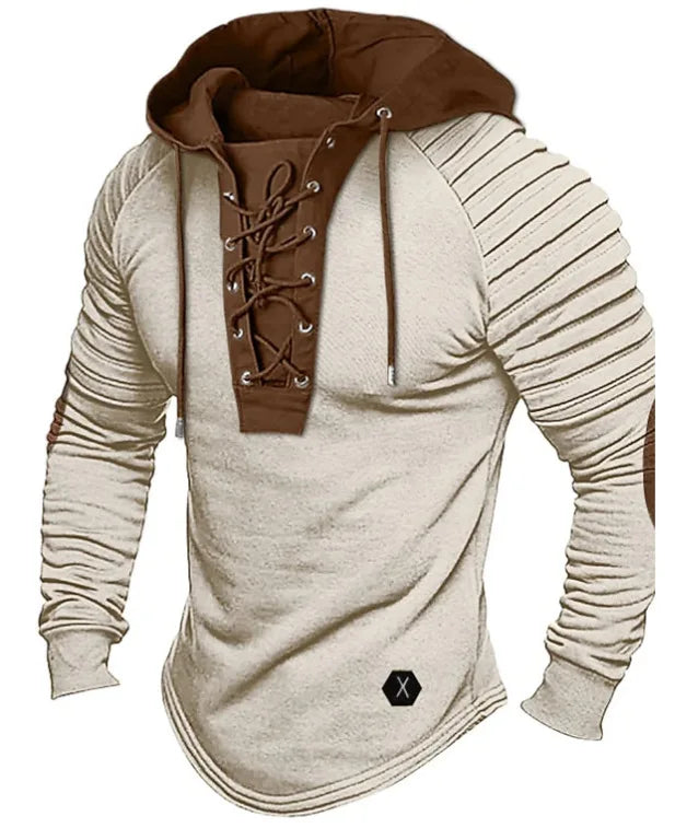 Men’s Lace-Up Hoodie Long Sleeve Pullover Slim Fit Sweatshirt Ribbed Arm Patchwork Design Off White Streetwear Tops