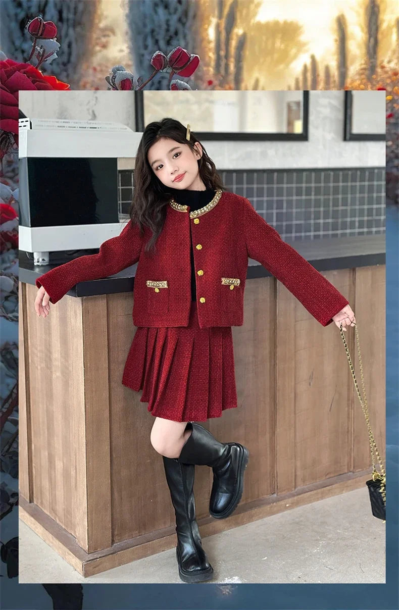 design winter teen girl clothes set beaded round neck jacket+Pleated skirt 2pcs Christma junior children outfit kids suit 4-14