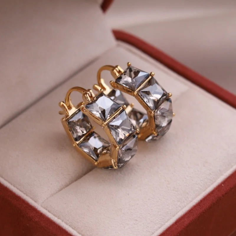 2025 Korean new design fashion jewelry luxury square blue crystal hoop earrings elegant women's daily work accessories