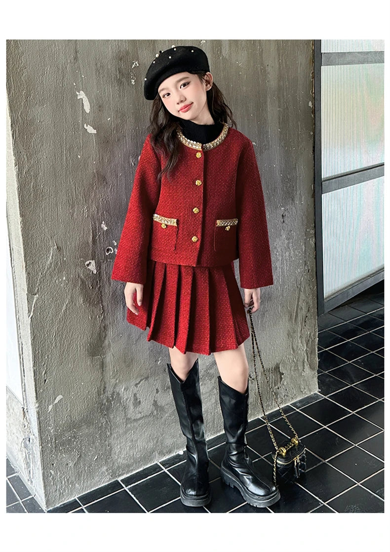 design winter teen girl clothes set beaded round neck jacket+Pleated skirt 2pcs Christma junior children outfit kids suit 4-14