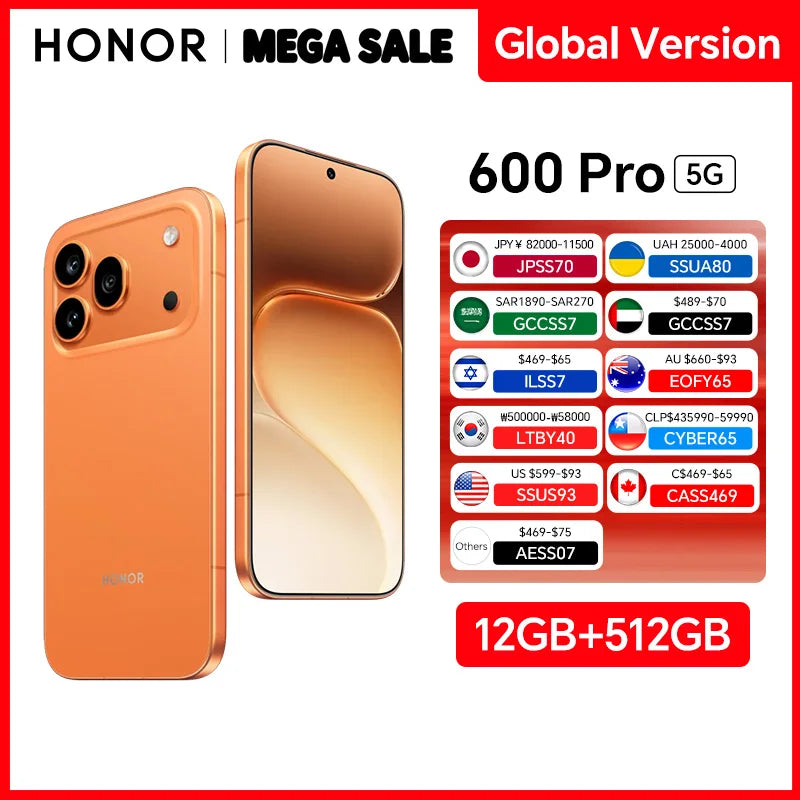 2026 New Global Version HONOR 600 Pro 5G 12GB+512GB 6.57'' 120Hz AMOLED Screen 200MP Main Camera 7000mAh 80W SuperCharge