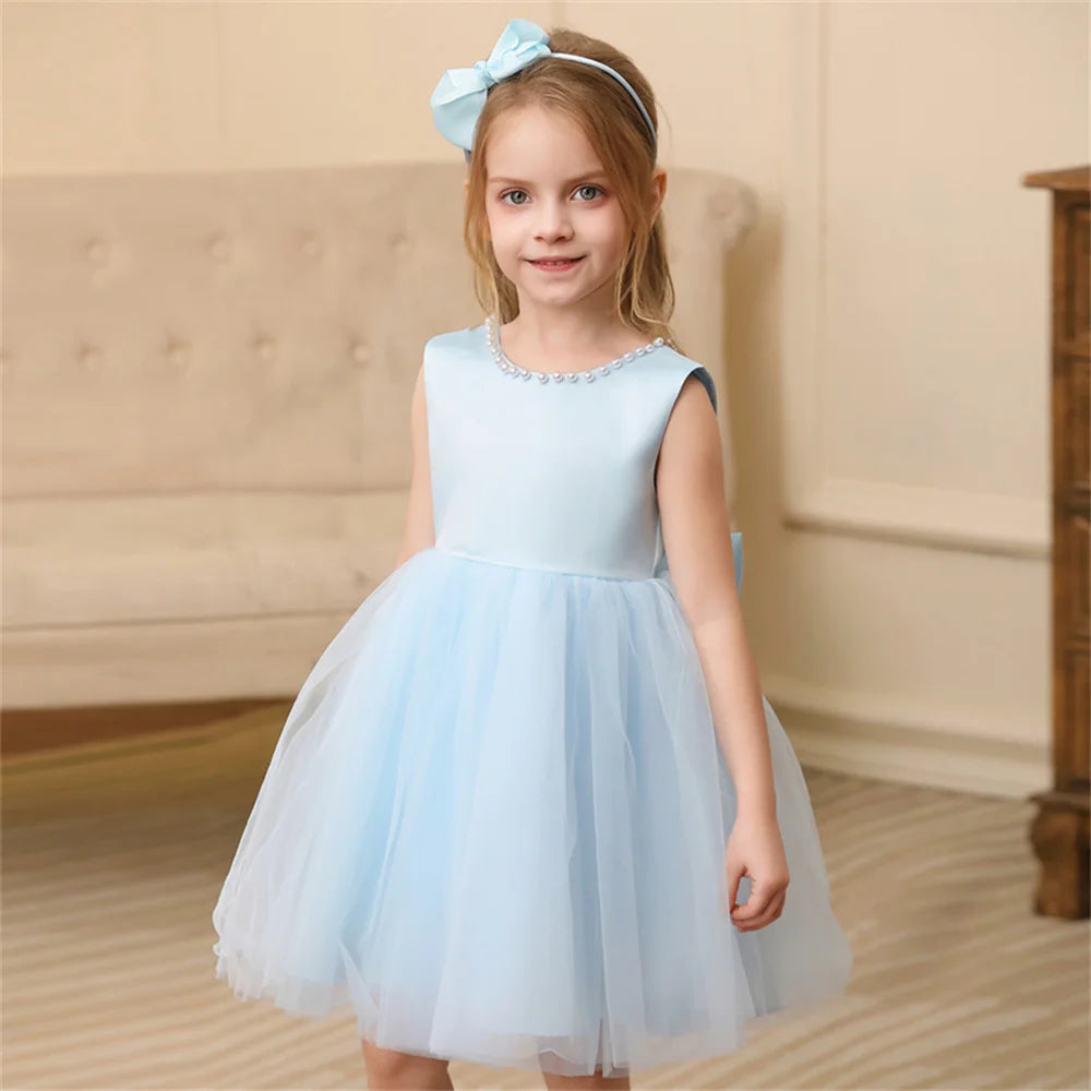Toddler Girl Flower Birthday Tulle Pearl Dress Backless Bow Wedding Gown Baby Girl Bowknot Dresses Kid Party Wear Princess Dress