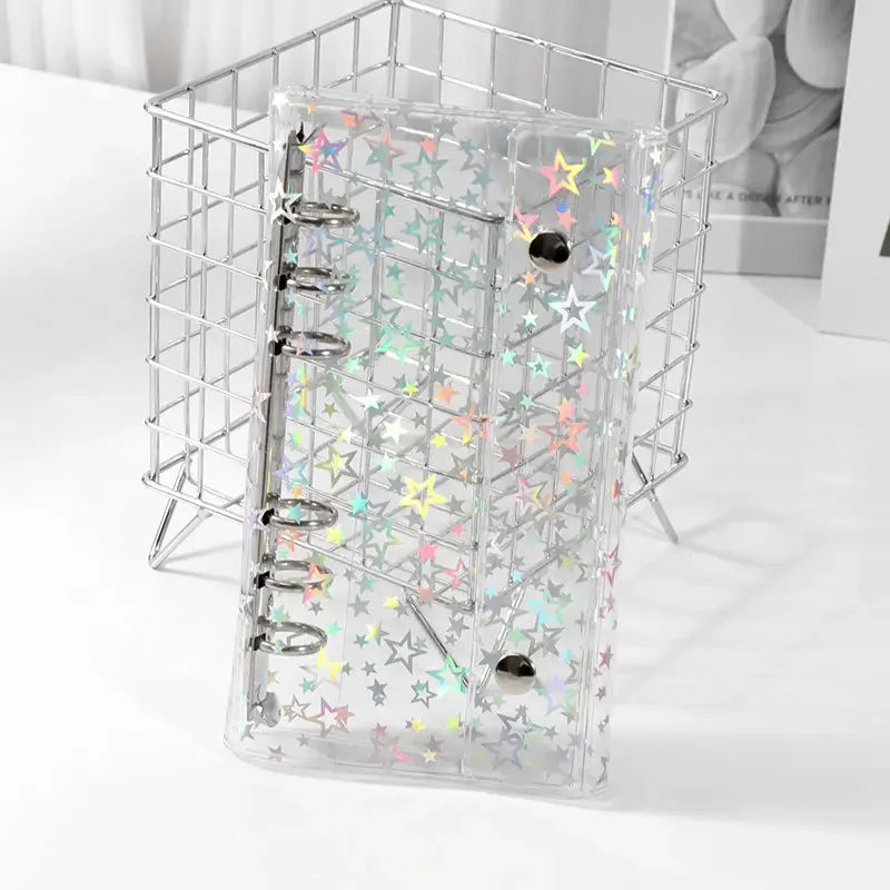 A6 6-Hole Narrow Half Laser Full Sky Star PVC Double Buckle Flip Cover Three Fold Loose Leaf Notebook Detachable Cover