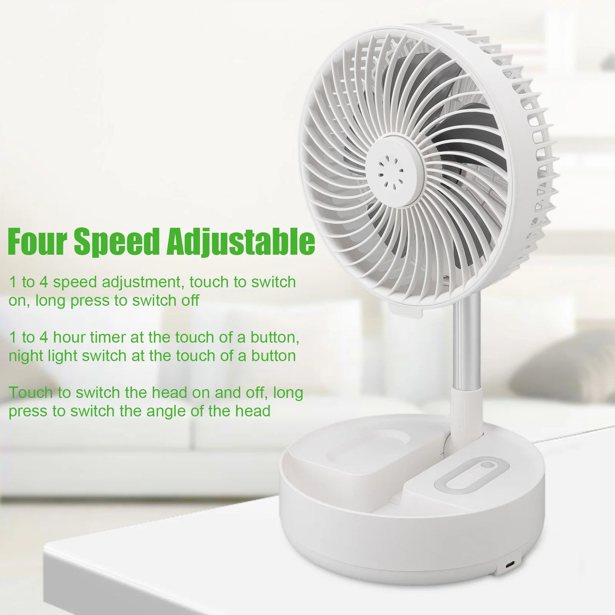 Folding Telescopic Fan 4 Speed USB Charging Remote Control Portable Desktop Floor Fan with Light for Home Travel