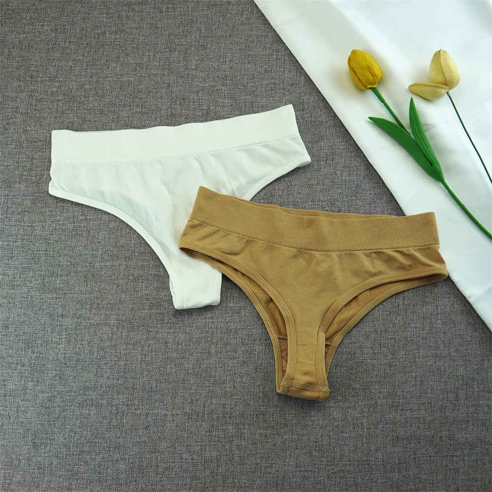 2pcs High Elastic Women T-back Seamless Plus Size Sports Underwear Solid Color Mid Waist Sexy Thong Europe Size S/M/L/XL/XXL