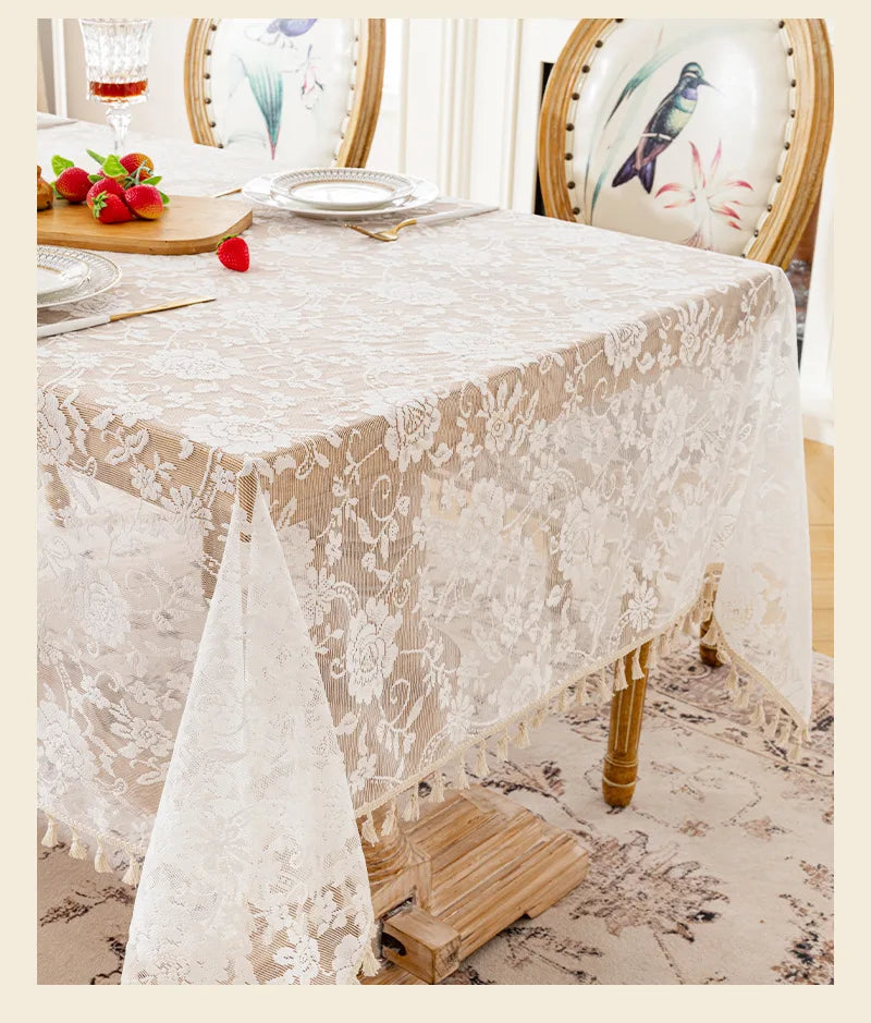French Rose Lace Tablecloth, Rectangular Dining Tablecloth, Home Coffee Table Wedding Decoration Cover,
