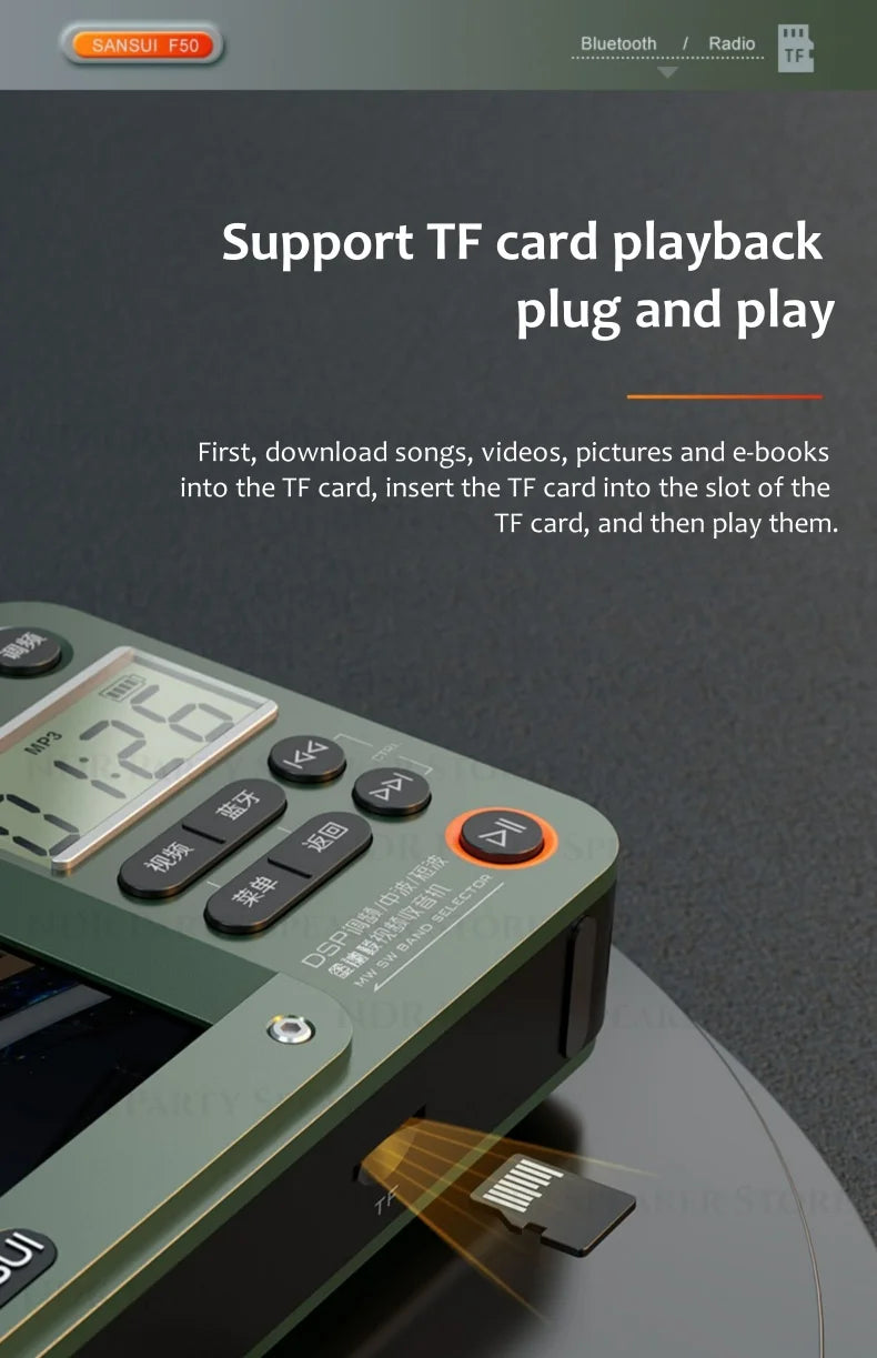 SANSUI Portable FM/MW/SW Radio 7-inch HD LED Display Radio Wireless Bluetooth Speakers Dual TF Card Slot MP4 Video Music Player