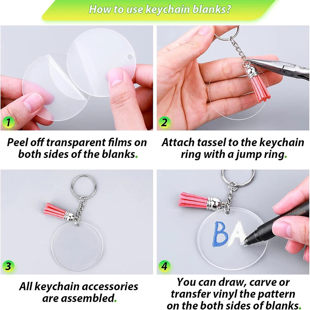 200Pcs Acrylic Keychain Blanks Bulk with 5 Shapes Clear Acrylic Disc Leather Tassel Charms Key Chains Jump Ring for DIY Craft