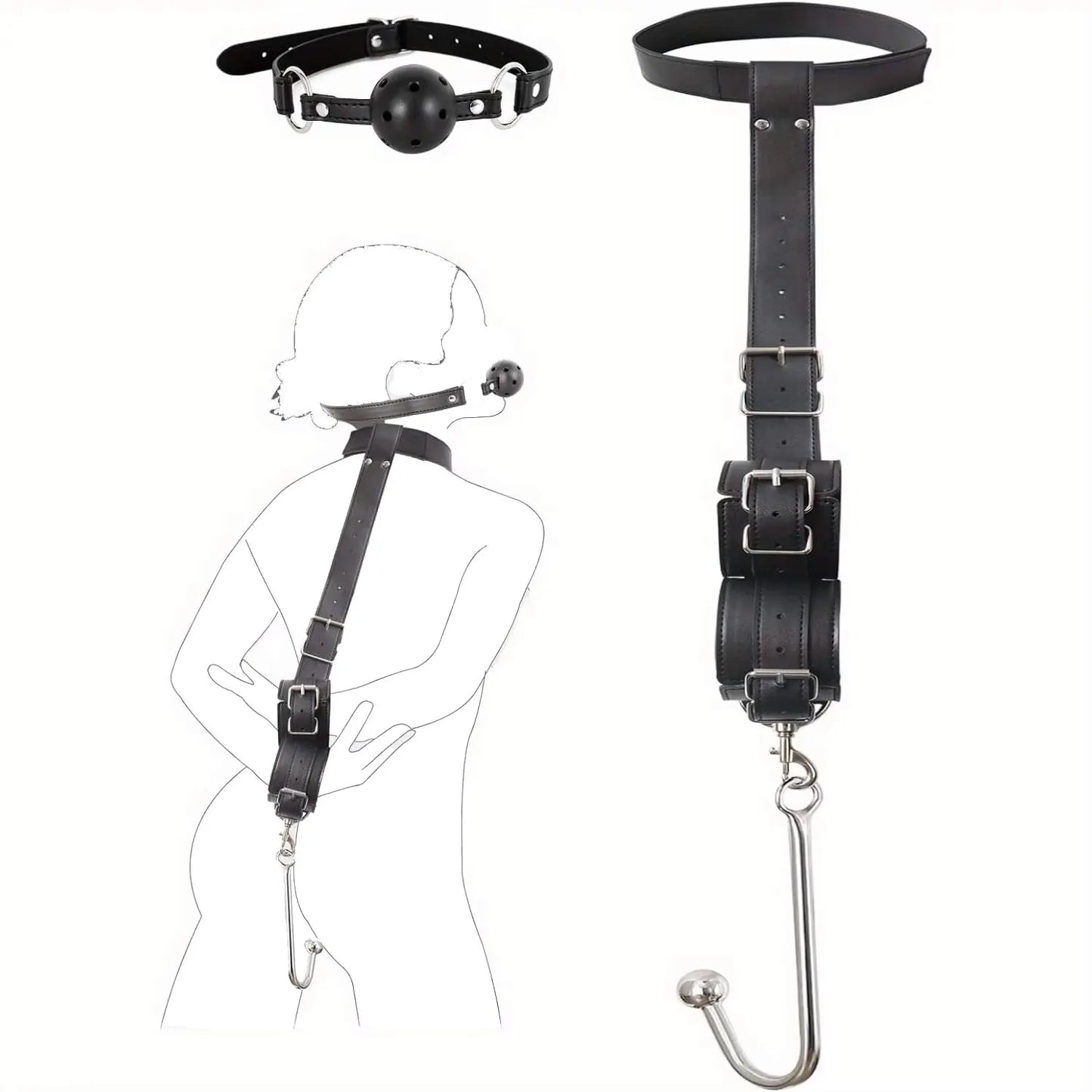 BDSM Bondage Kit Anal Hook, Neck to Wrist Behind Back Handcuffs Collar with Anal Trainer & Ball Gag, Bed Restraints SM Games Too