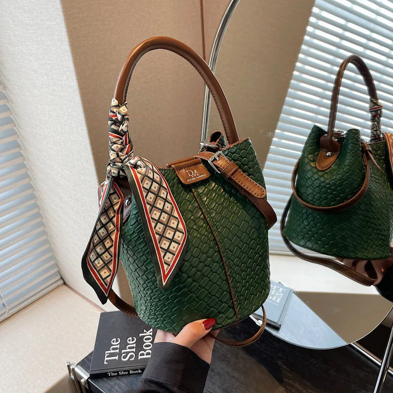 Women's Woven Bucket Bags Crossbody Purse, Elegant Tote for Travel & Formal Events, Durable Wipe-Clean Luxury Handbag
