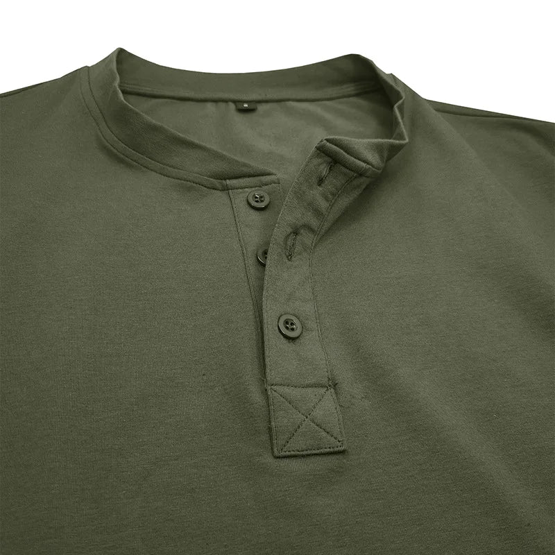 SHiONFA Spring Men's Long Sleeved T-shirt Casual Soft Cotton Base Shirt Placket Front Button Solid Color Pullover