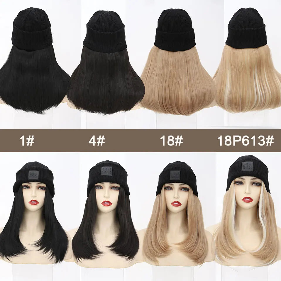 Hat Wig Knitted Beanie Wig Hat Hair Extension Straight Wig Hat Attached 11 Inch Synthetic Hairpiece for Women Girls Winter