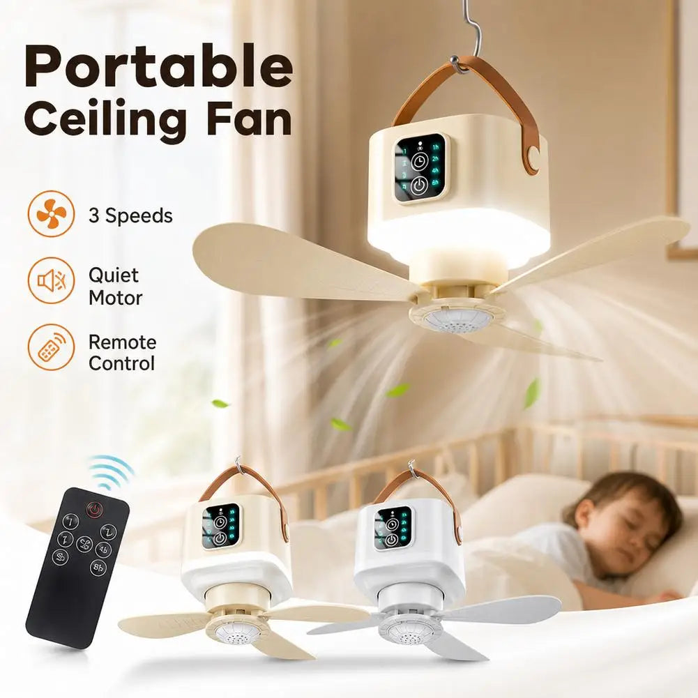 New Portable Rechargeable Ceiling Fan Wireless USB Hanging Fan With Timed remote control for Students Dorm Bed Outdoor Camping