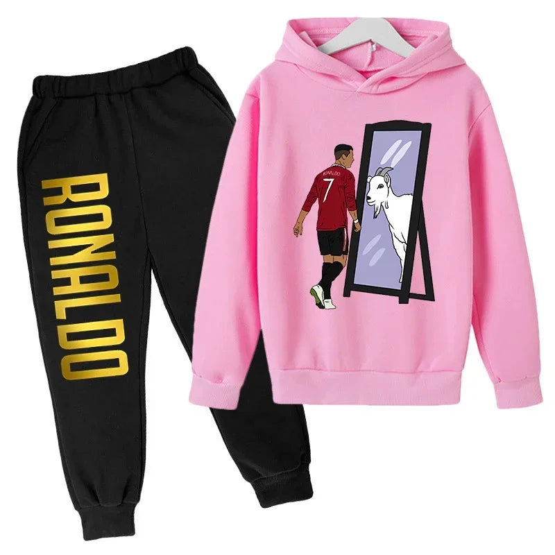 Children's Clothing Children's Sports Suit Spring and Autumn Fleece Hoodie Pants 2-piece Set Ronaldo Printed Kids Clothes Girls
