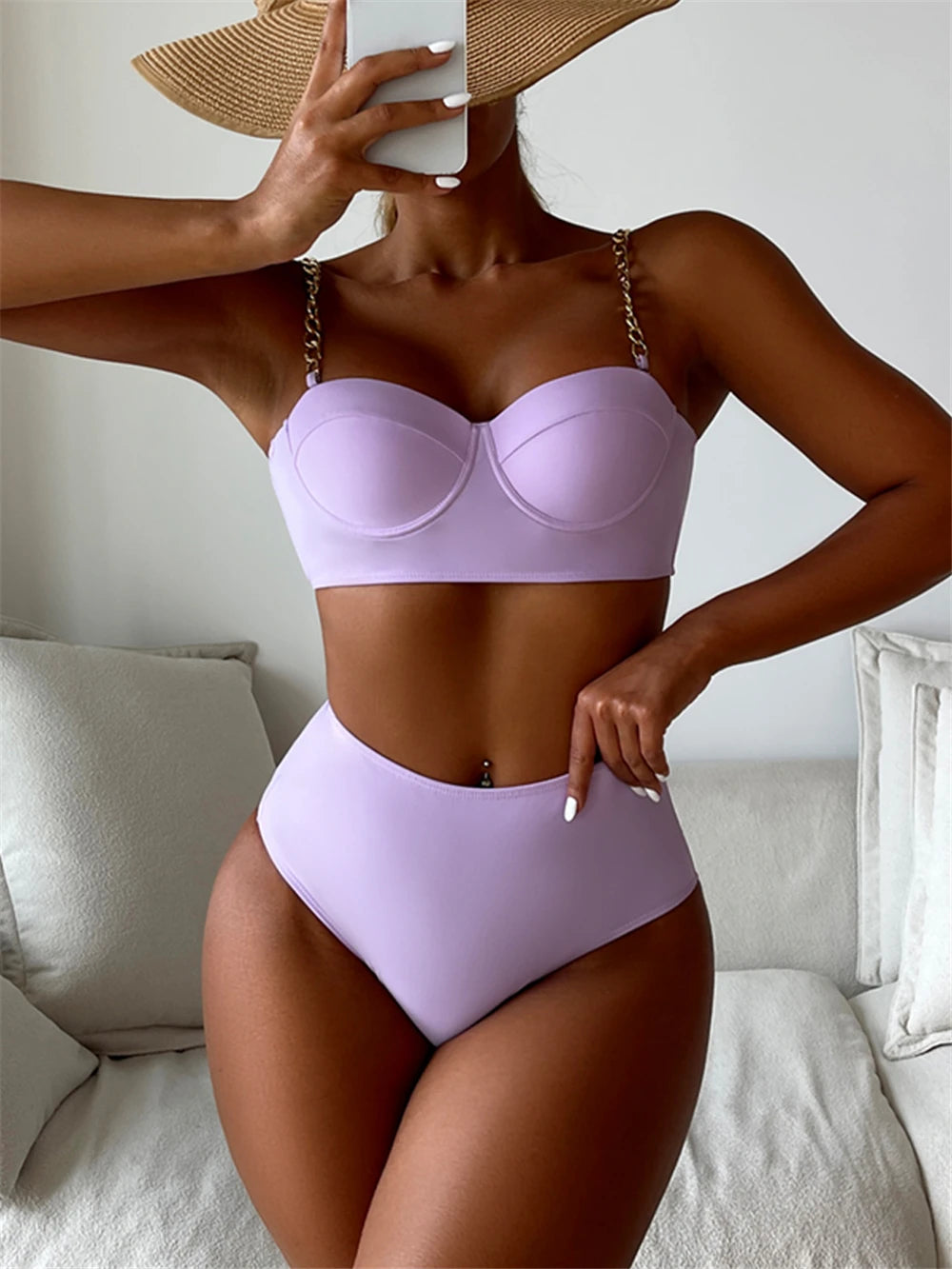 Chain Strap Bikinis 2026 Women Solid Push Up Swimsuit High Waist Swimwear Female Sexy Bathing Suit Swimming Summer Beachwear