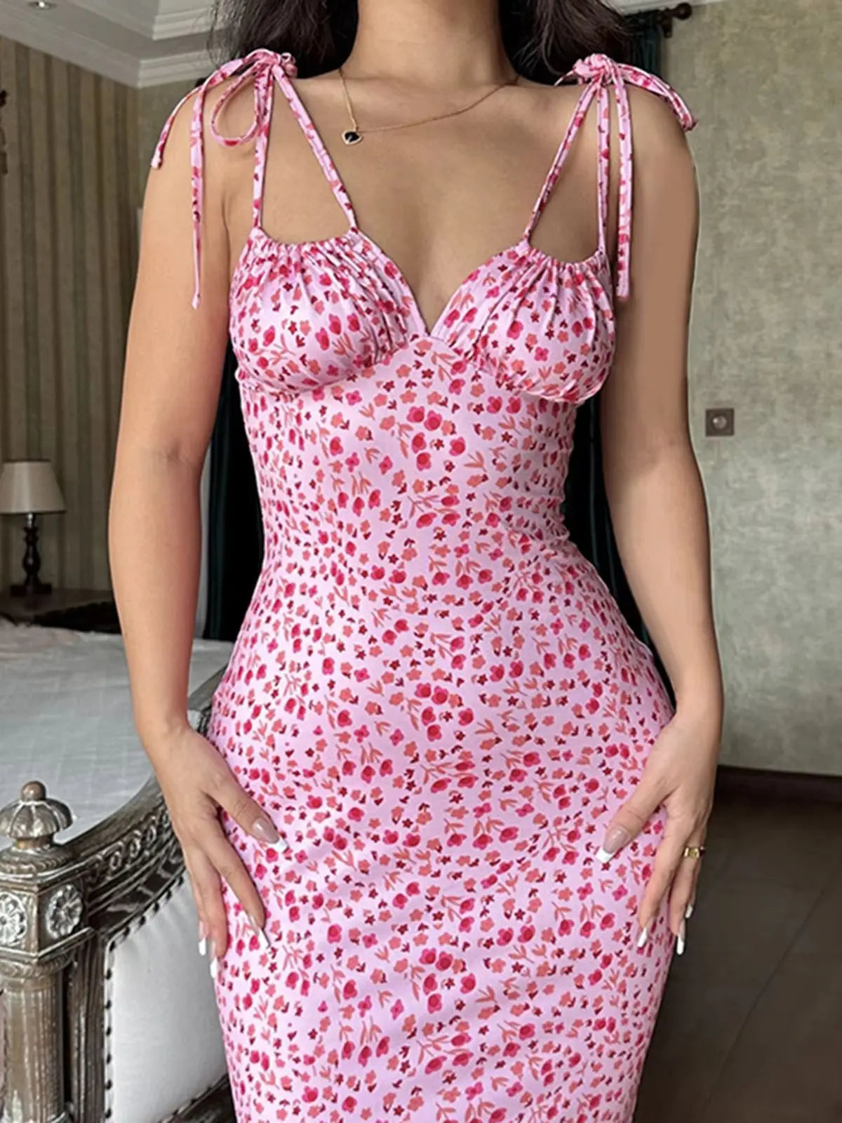 2025 Summer Floral Midi Dress Women Spaghetti Strap Tie-up V-neck Split Dress Sexy Vintage Elegant Dresses Female
