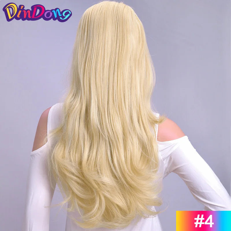 24 Inch Long Wavy Head Tied  3/4 Half Wigs With Clips In, Synthetic Fibers Hair Extension Wigs For Women
