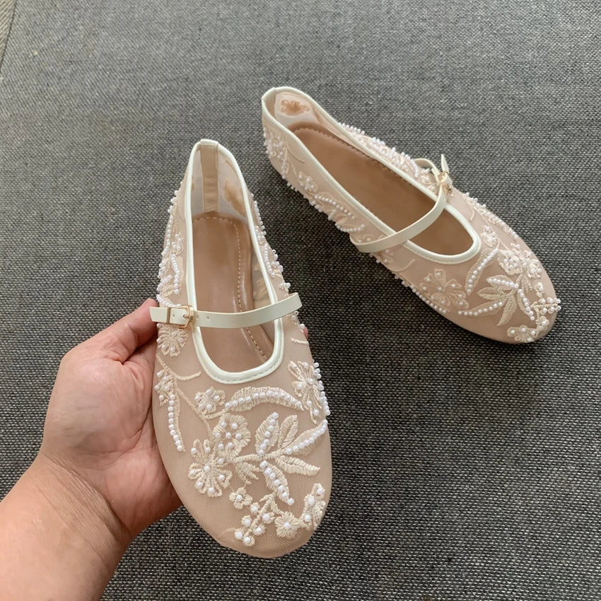 Women Design Embroidery Flowers Pearl Mesh Round Tor Buckle Strap Ballet Flats Loafers Ladies Mary Jane Shoes Woman Mules Sandal
