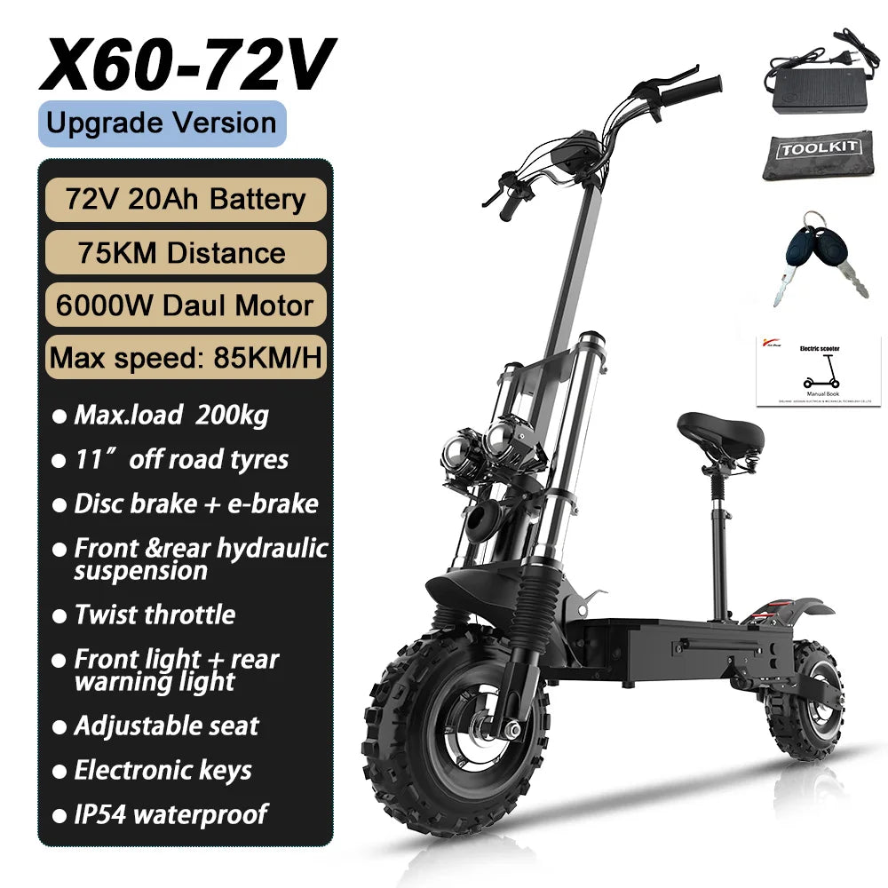 6000W Electric Scooter for Adults 85KM/H Max Speed Dual Motor 11" Off Road Tire E Scooter 30AH Lithium Battery Shock Absorption