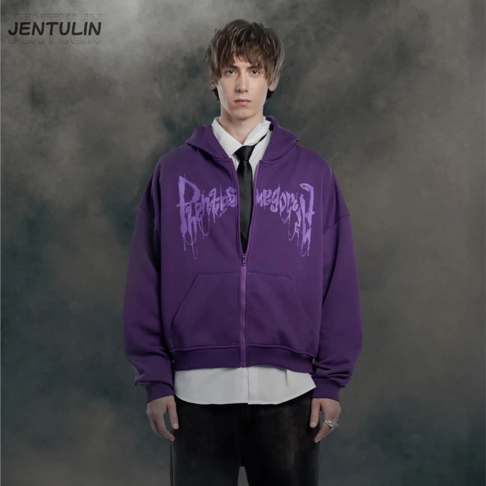 Y2K Retro Zip up Hoodie Men Ghost Wheel Pattern Zipper Sweatshirt High Street Hip Hop Streetwear Oversized Unisex MZLFF Hoodies