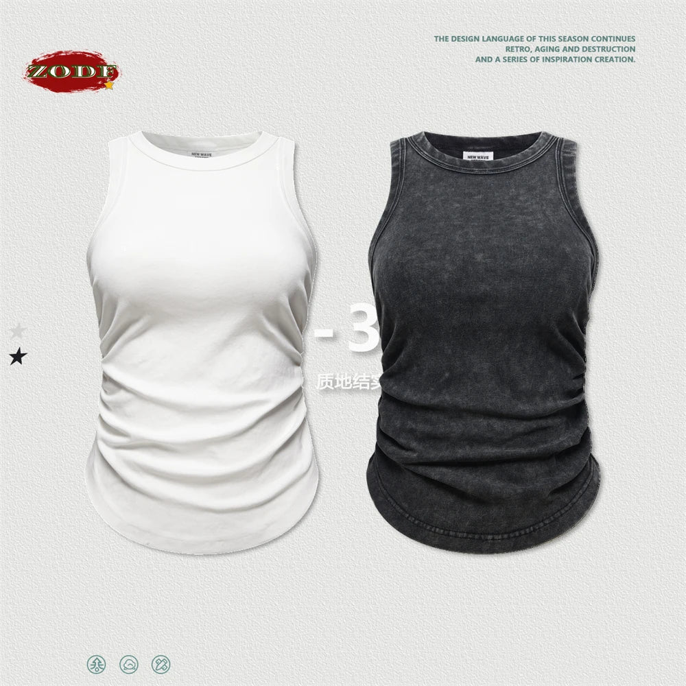 ZODF Women 2025 Hotsweet Girls Washed Cotton Tank Tops Female 315gsm Slim Pleated Arc Hem Camisole TEE Brand Tops HY0574