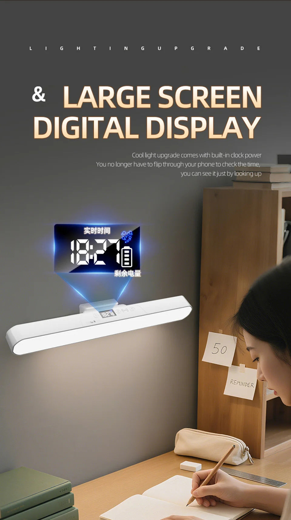 Eye-care Magnetic Desk Lamp USB Rechargeable LED Night Light Battery Status & Time Display Reading Light Table Lamp for Kitchen