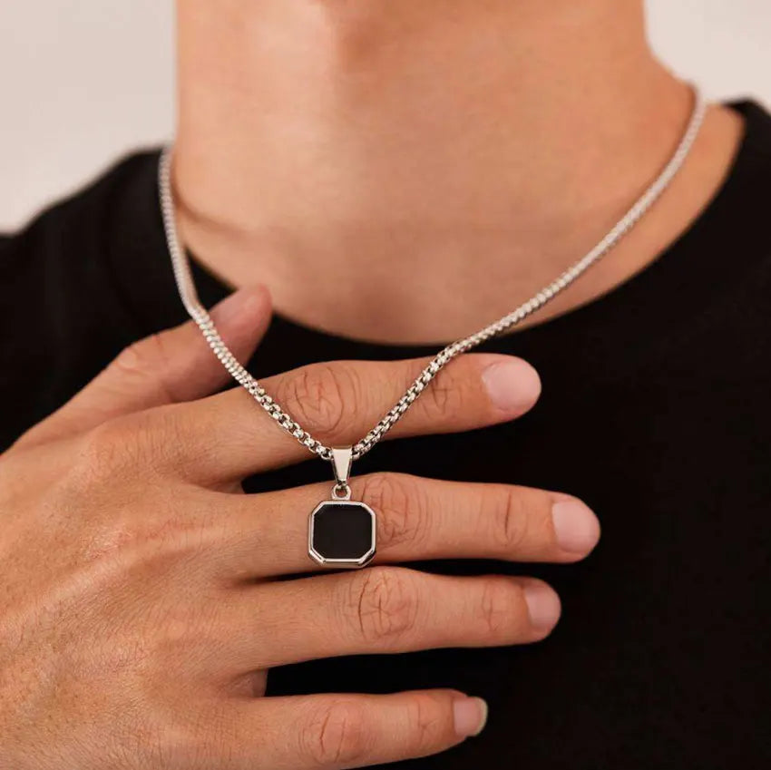 Hiphop Men's Black Onyx Square Pendant Necklace Tarnish Free Stainless Steel Custom Logo Jewelry For Gift