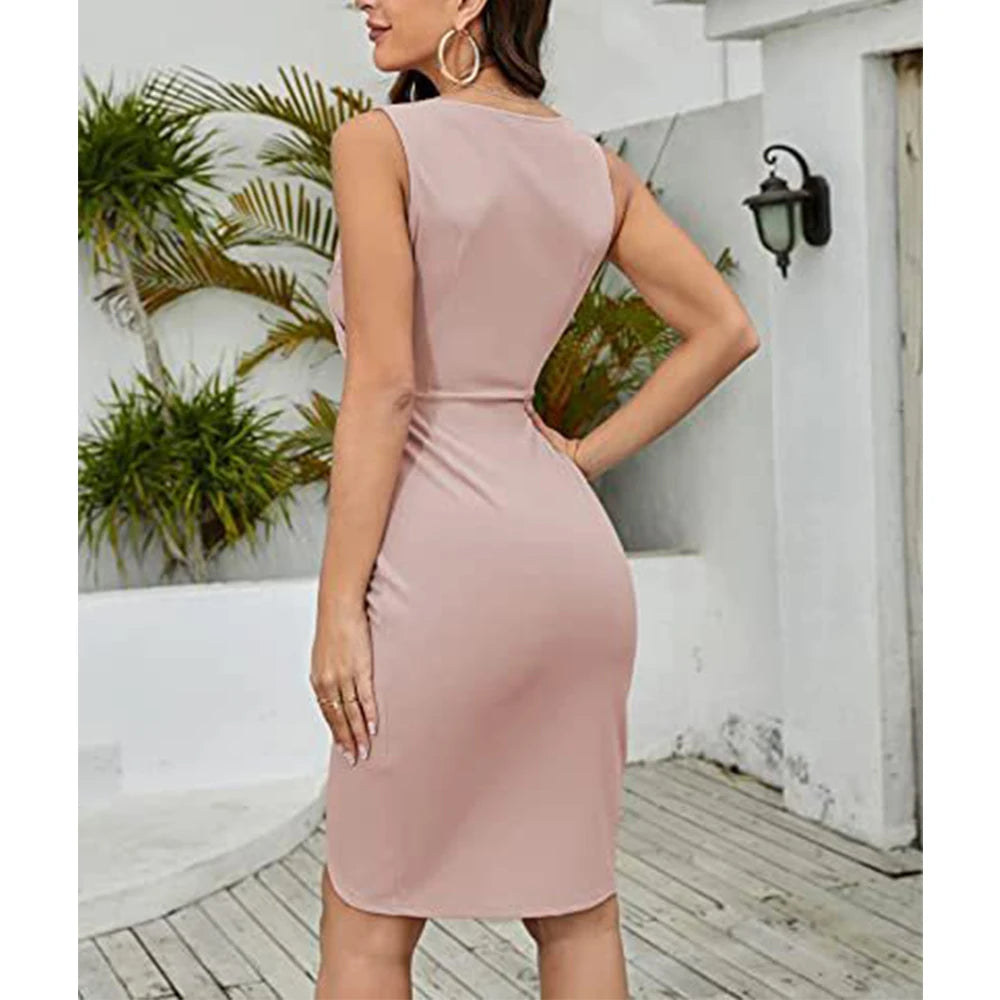 Sexy V Neck Sleeveless Irregular Hem Bodycon Dress for Women 2023 Solid Commuter Elegant Cocktail Evening Party Dresses Vestidos