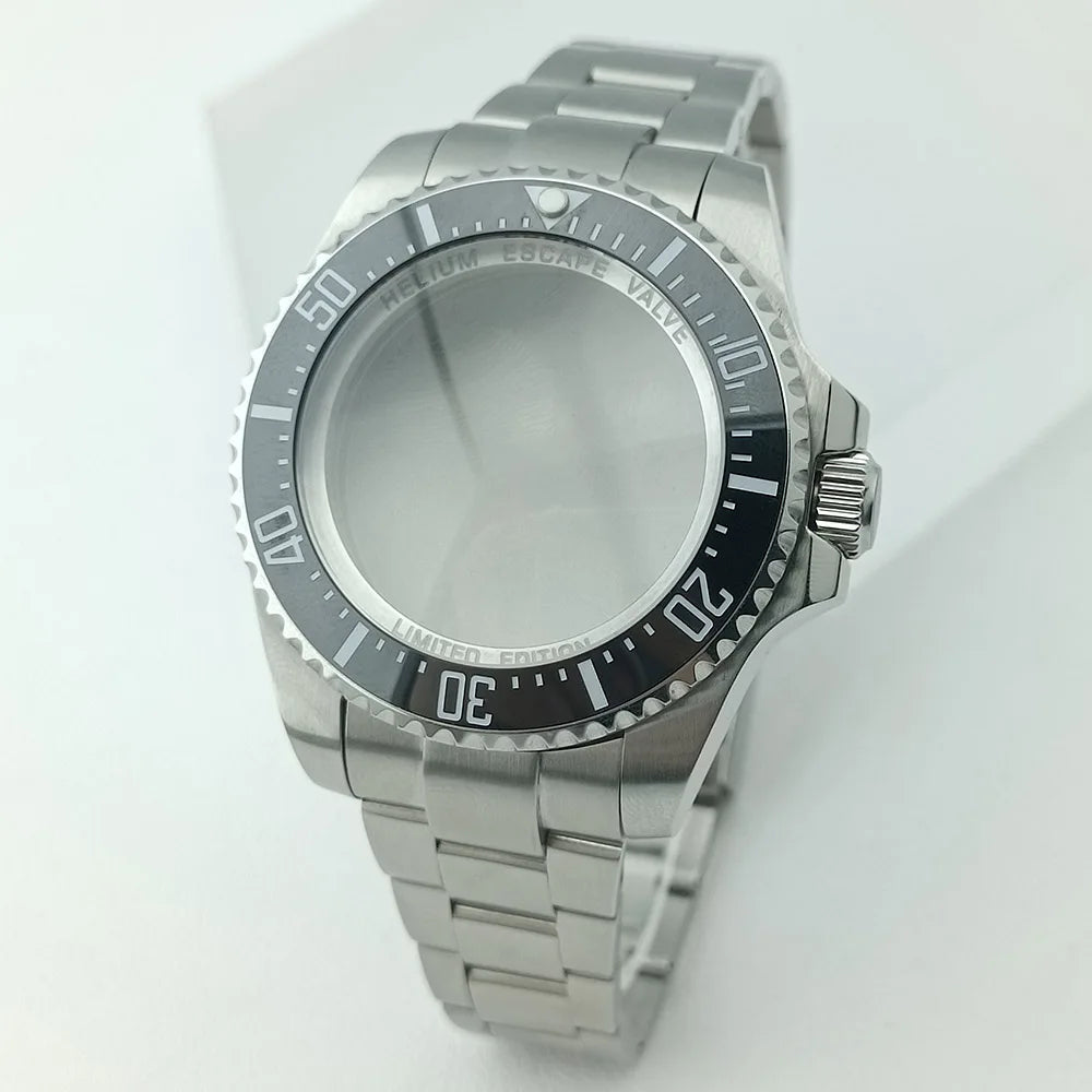 44MM Ceramic Bezel Case Silver SEA Big DEEP Homage Sapphire Crystal Watch Case Stainless 21MM Watch Strap Fit NH35 NH36 Movement