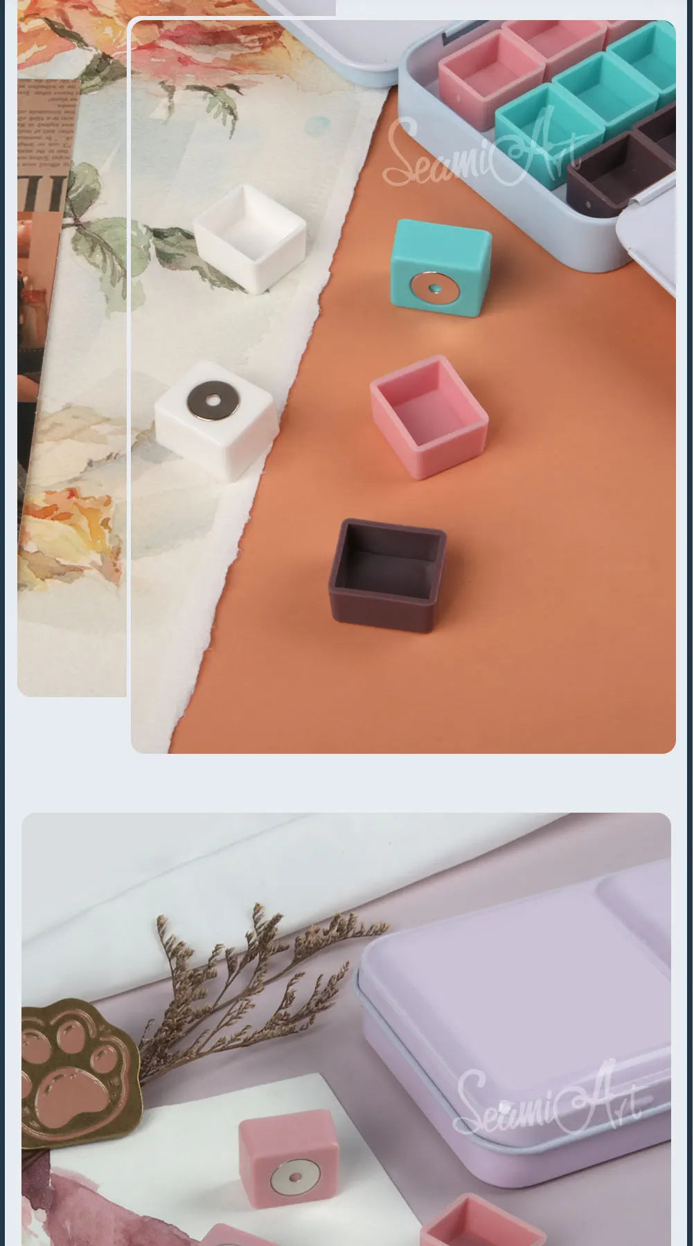 SeamiArt 50pcs Magnetic Half Pans Four colors for Watercolor Tube Subpackage Tin Box Palette Painting Tools Art Supplies