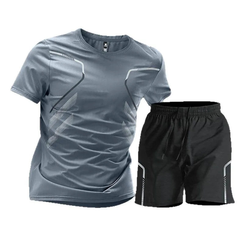 Sports cycling suit men's ice silk quick-drying clothes fitness t-shirt running short sleeves shorts training clothes