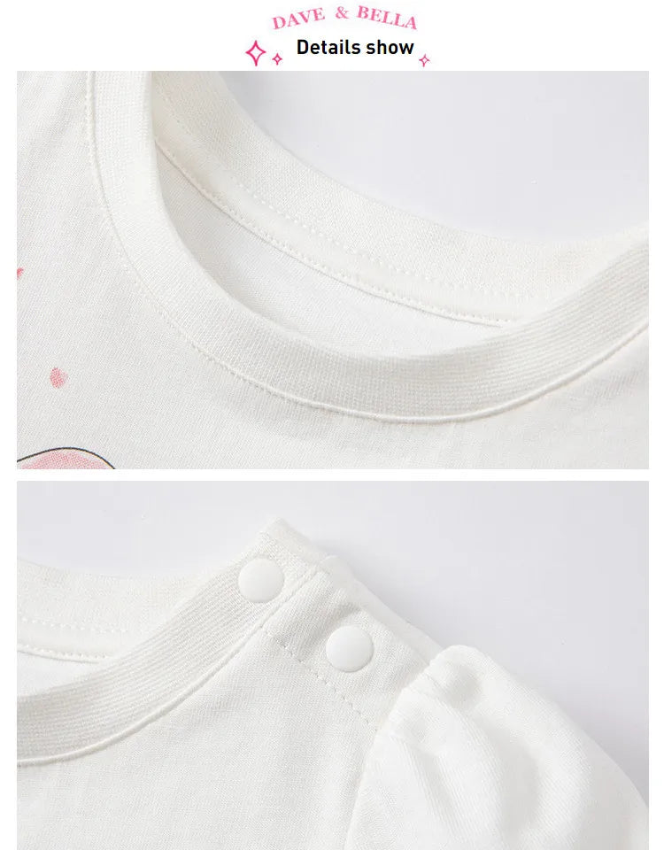 Dave Bella Baby Girl White T-shirts Cartoon Printed Girls Tees Children Tops Puff Sleeves Kids Clothes DB2221905