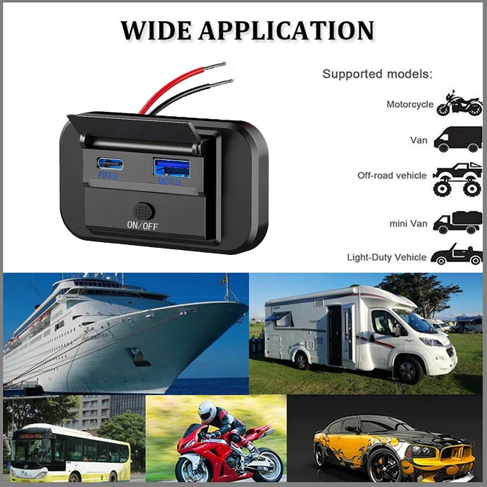 PD QC3.0 Car Charger Socket Quick Charge 12V/24V For Motorcycle Auto Truck ATV RV Bus Dual USB Power Adapter Outlet With On/Off