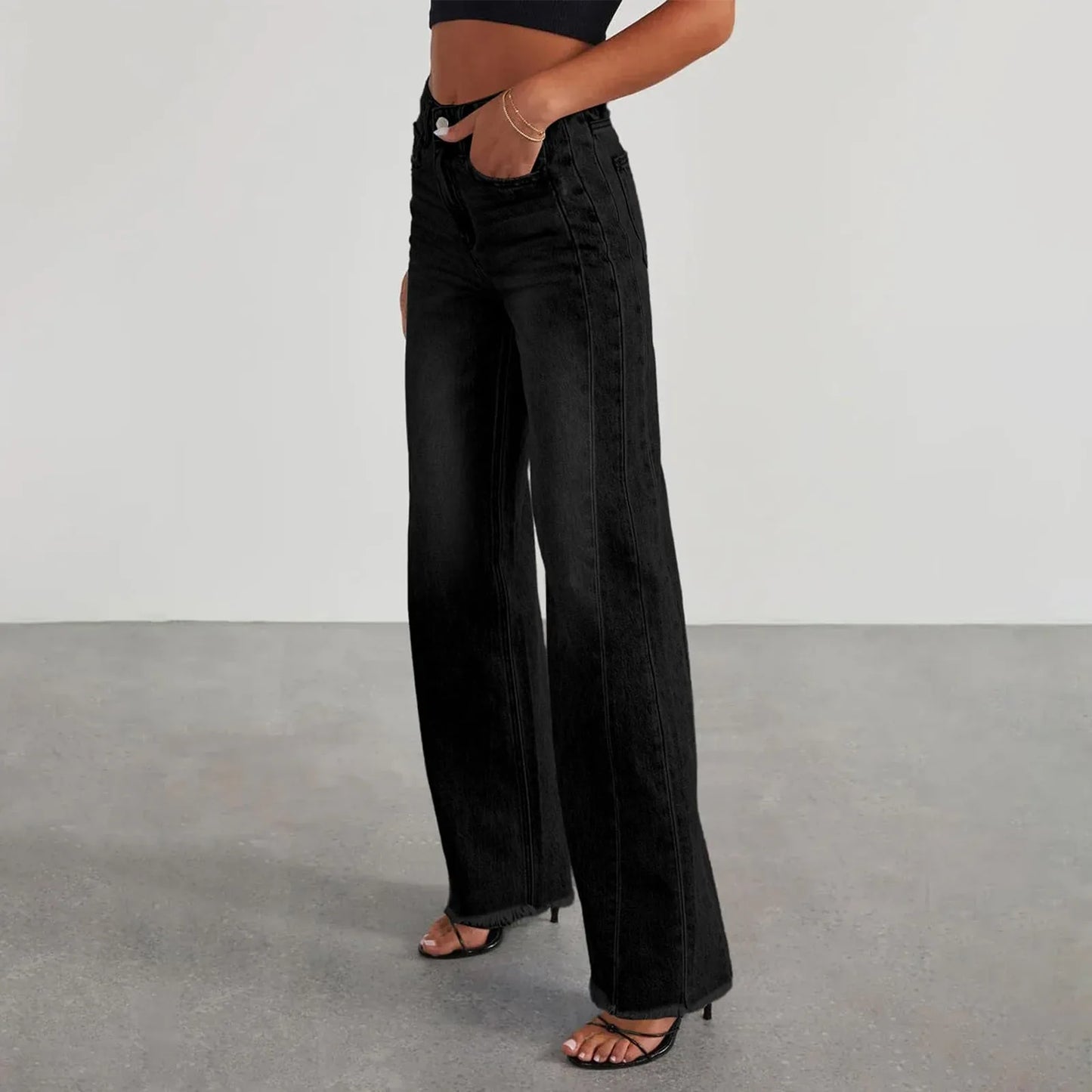 Wide-Leg Jeans Women Light Blue Raw-Edge High-Waist Design Fashionable Trousers Loose-Fitting Slim-Fitting Pants Daily Commuting