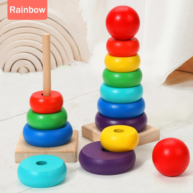 Rainbow Stacking Ring Tower Montessori Wooden Puzzle Toys Pyramid Nesting Blocks Geometric Games Children Early Education Toys